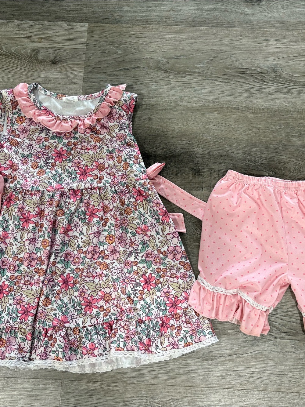 Pink Floral Ruffle Dress with Matching Polka Dot Shorts